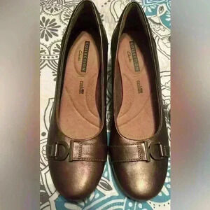 New Clarks Women's Concert Band Wedge Leather Pump Shoes Brown Metallic